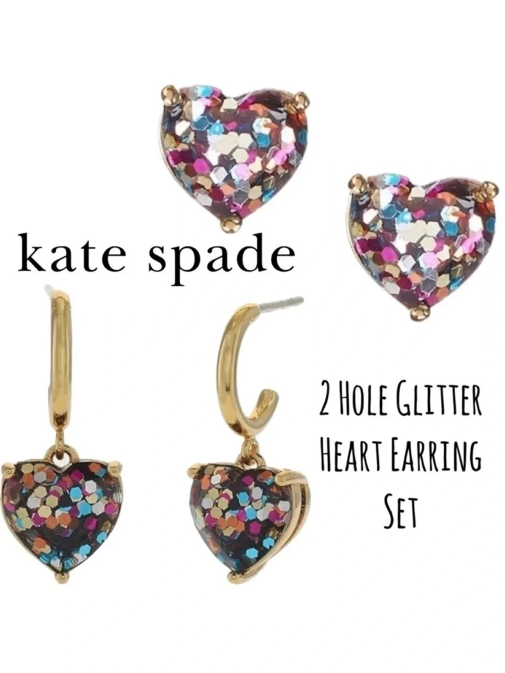Kate Spade Multi-Glitter Heart Gold Hoops and Studs Matching 2 Hole Earrings Set